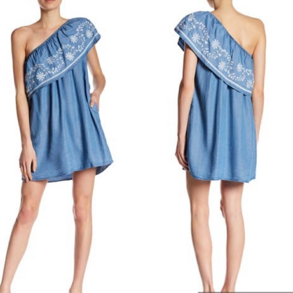 Rebecca Minkoff Rita Embroidered Chambray One Shoulder Shift Mini Dress Size XS